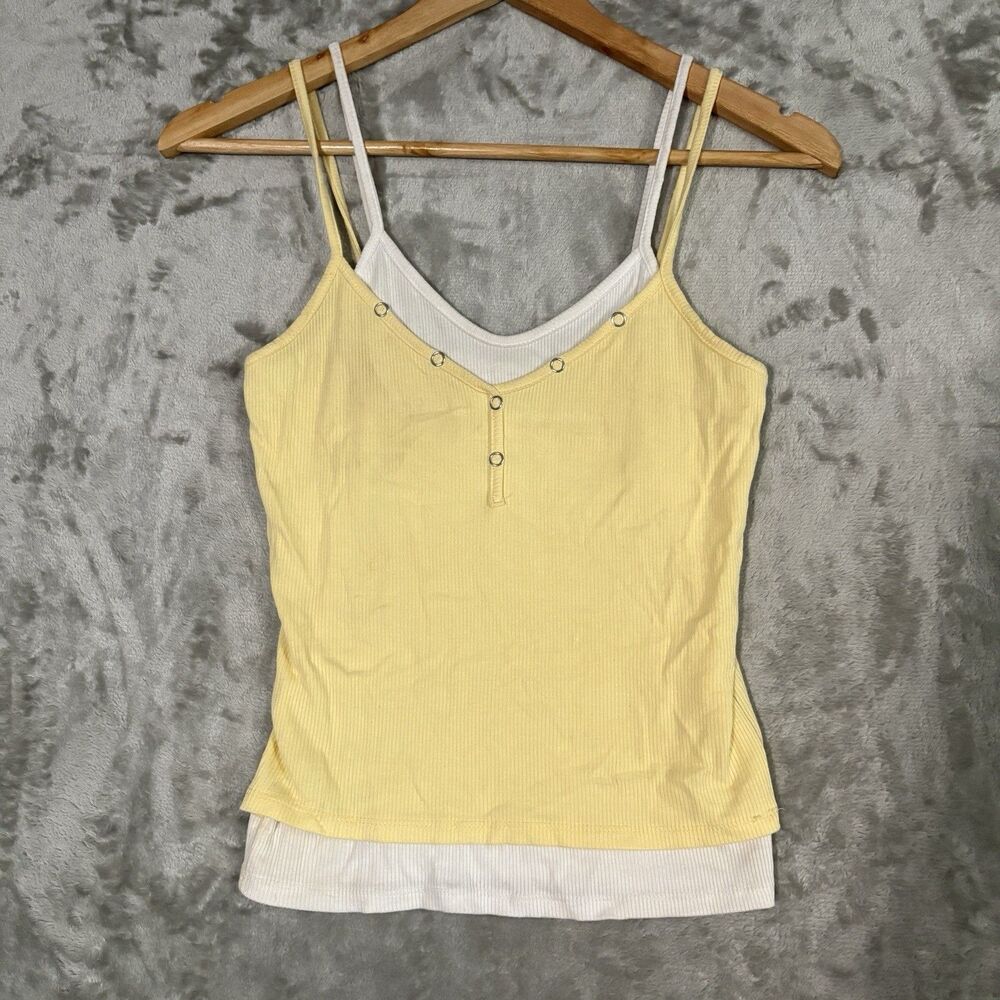 Frankee & Skylar Yellow White Rib Knit V-Neck Button Cami Tank Top Size S Y2K